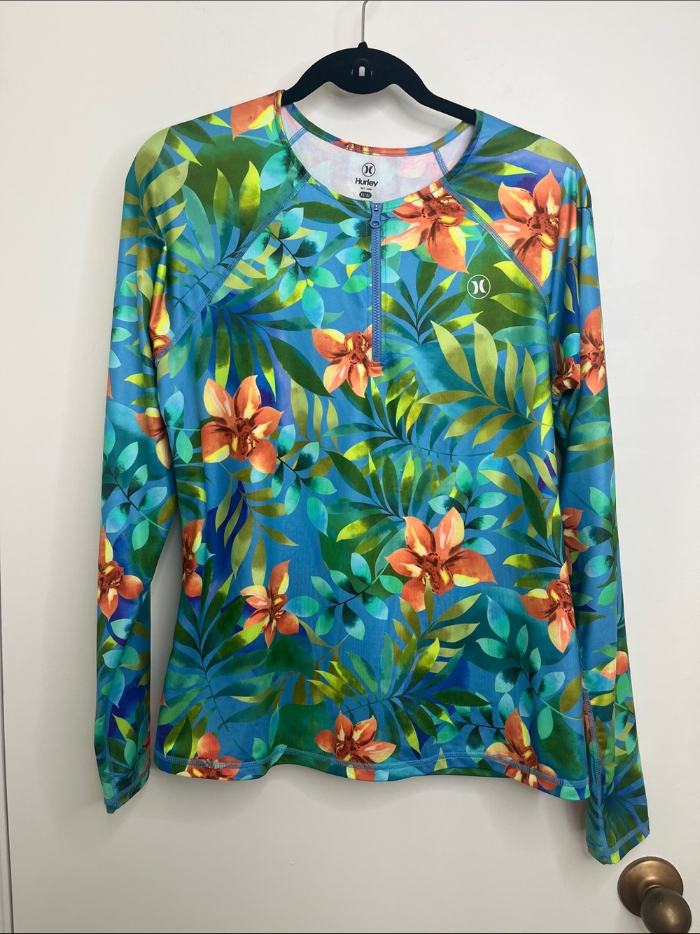 HURLEY Women's 1/4 Zip Long Sleeves Sun Tee UPF 50+ XL Tropical Hawaiian Swim